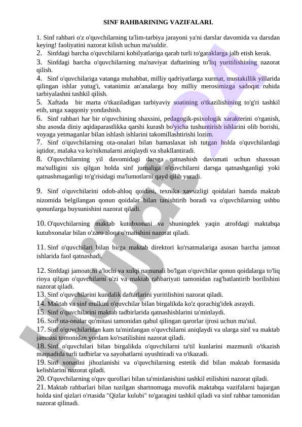Sinf rahbarining vazifalari va ularning ahmiyati