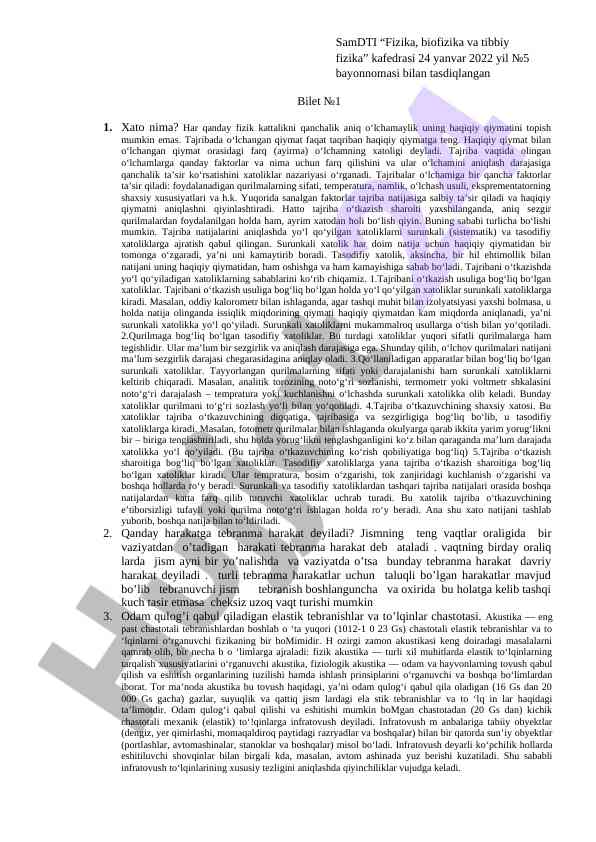 Xatoliklar nazariyasi va o‘lchov natijalari