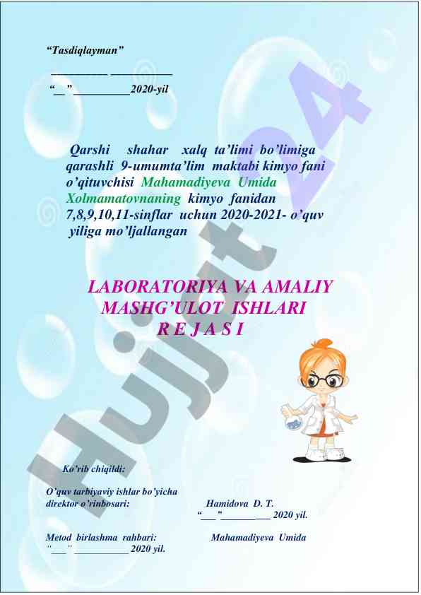 Kimyo laboratoriya va amaliy mashg'ulot rejasi