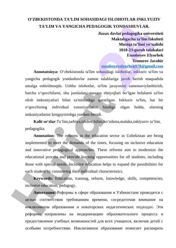 O'zbekistonda ta'lim sohasidagi islohotlar
