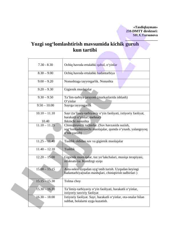 Yozgi sog‘lomlashtirish mavsumida kichik guruh kun tartibi