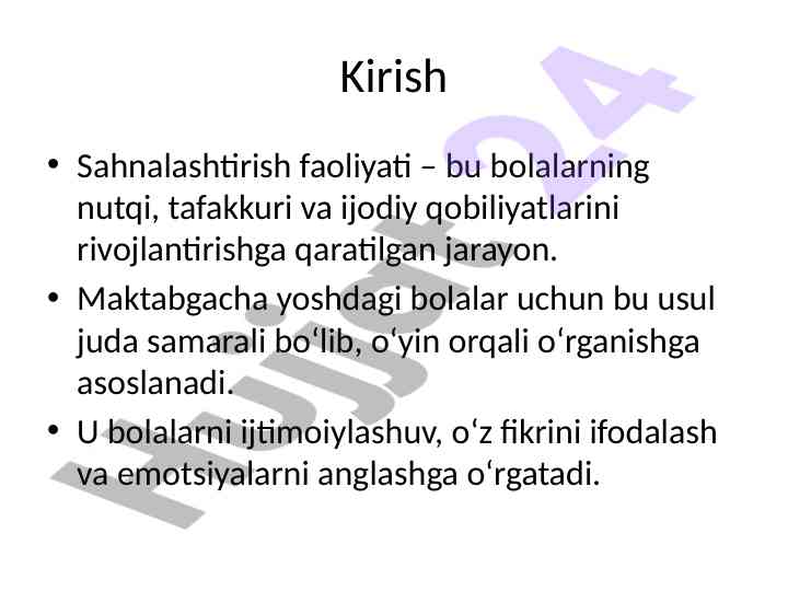 Kirish sahnalashtirish faoliyatining rivojlanishi