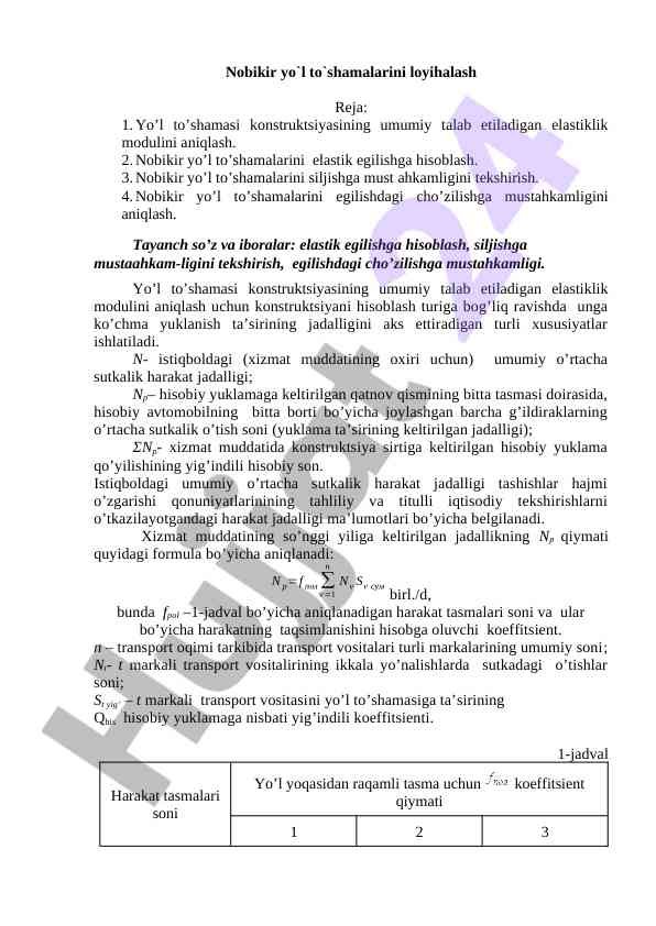 Nobikir yo’l to’shamalarini loyihalash methodologiyasi