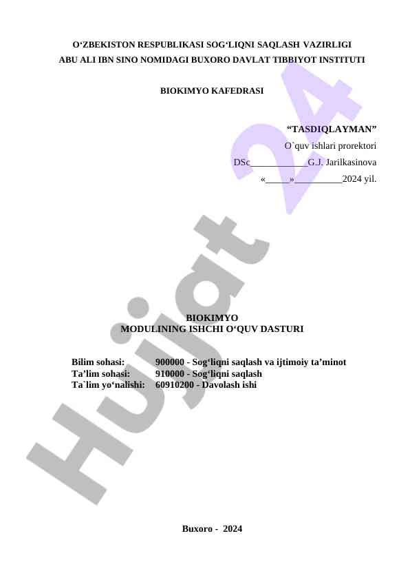 Biokimyo modulining ishchi o‘quv dasturi 2024