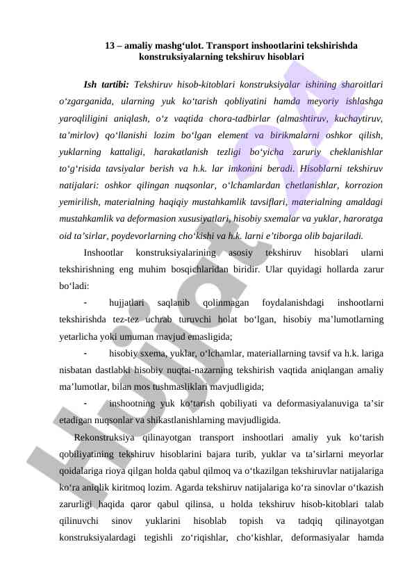 Transport inshootlarini tekshirishda konstruksiyalar hisoblari