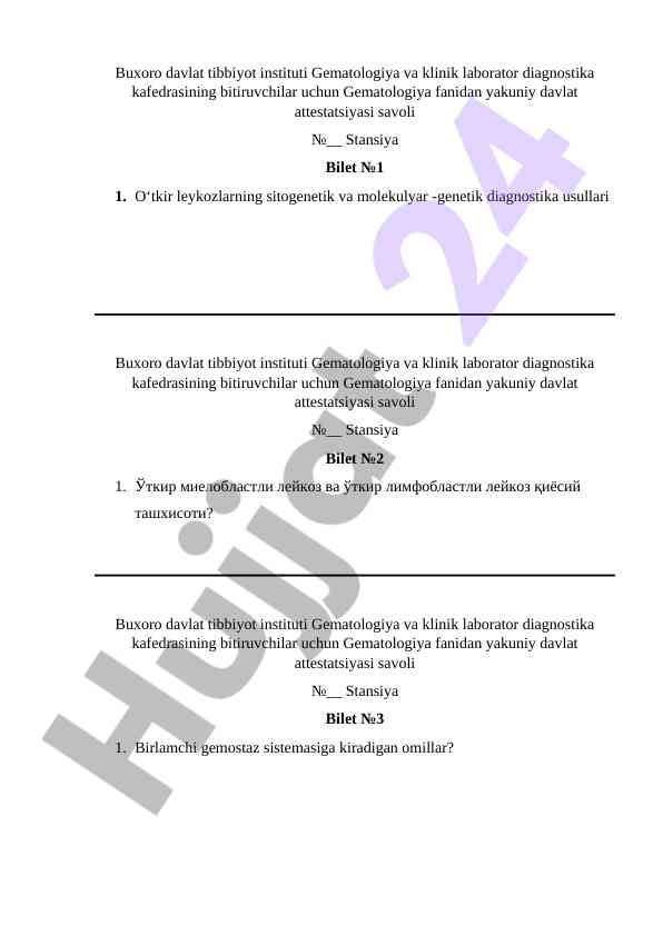 Gematologiya fanidan yakuniy davlat attestatsiyasi savollari