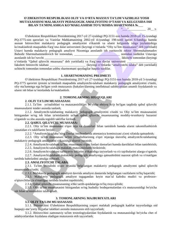 Malakaviy pedagogik amaliyotga oid shartnoma