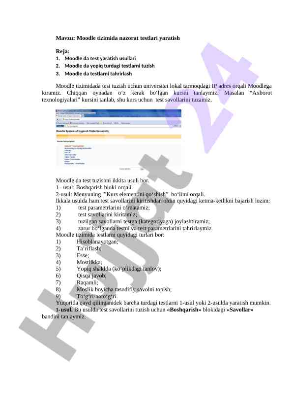 Moodle tizimida nazorat testlari yaratish usullari