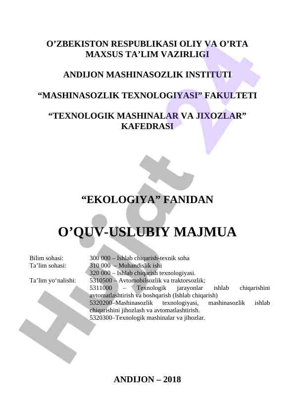 Ekologiya fanidan o‘quv-uslubiy majmua