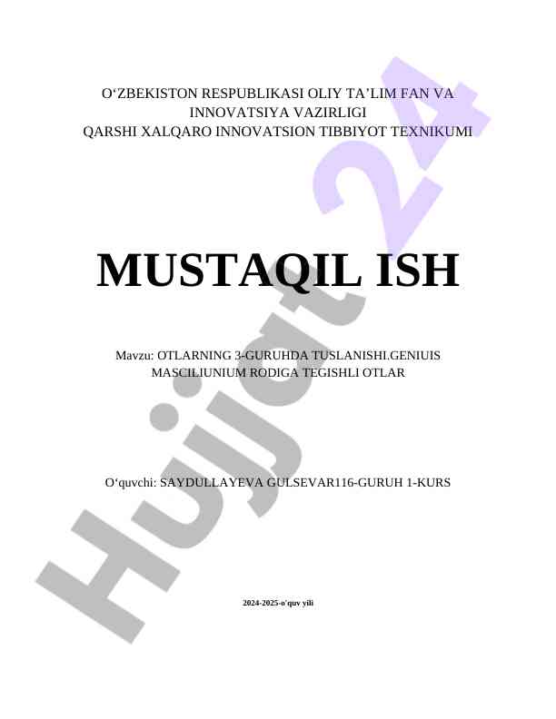 Uchlamchi tuslanish otlari mavzusi bo‘yicha mustaqil ish