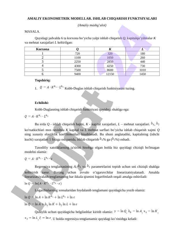 Amaliy ekonometriya: ishlab chiqarish funktsiyalari