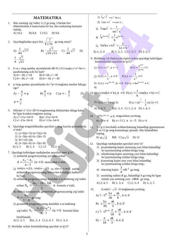 Matematik test savollari va masalalari