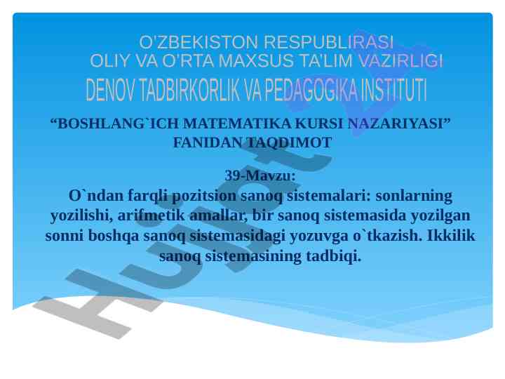 Boshlang'ich matematika kursi nazariyasi taqdimoti
