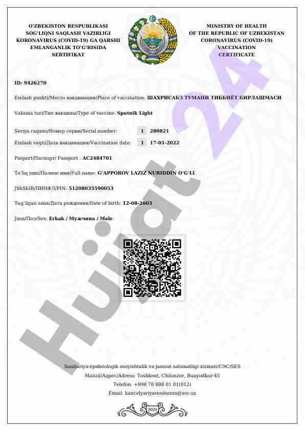 Covid-19 vaksinatsiya sertifikati ma'lumotlari