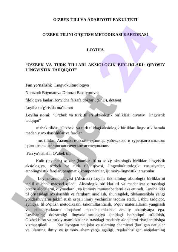 O‘zbek va turk tillari aksiologik birliklari qiyosiy tadqiqot