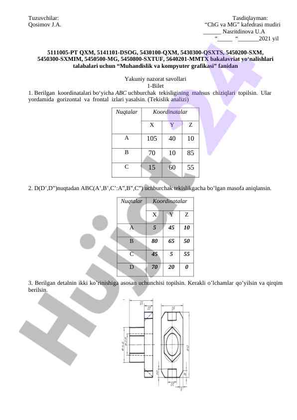 Muhandislik va kompyuter grafikasi yakuniy nazorat savollari