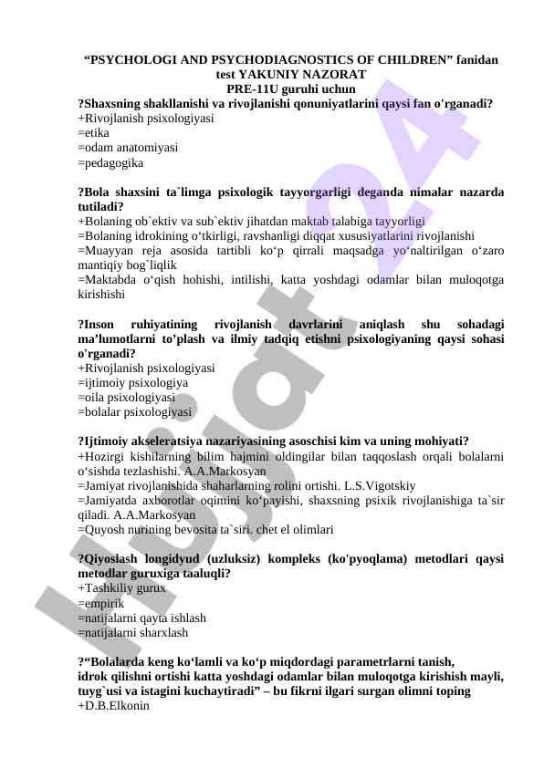 Psixologiya va psixodiagnostika testi bolalar uchun