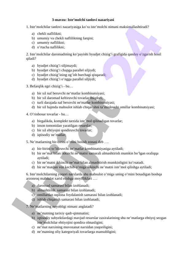 Iste'molchi tanlovi nazariyasi haqida savollar