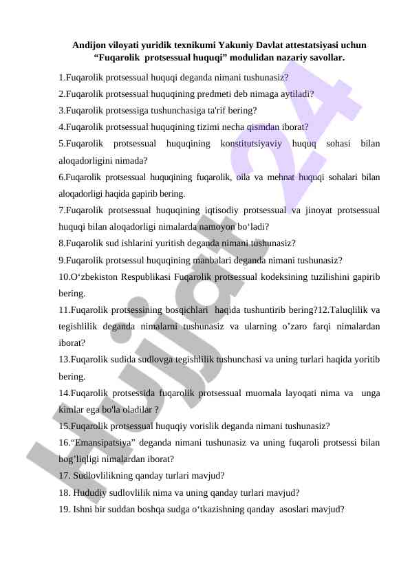 Fuqarolik protsessual huquqi bo‘yicha nazariy savollar