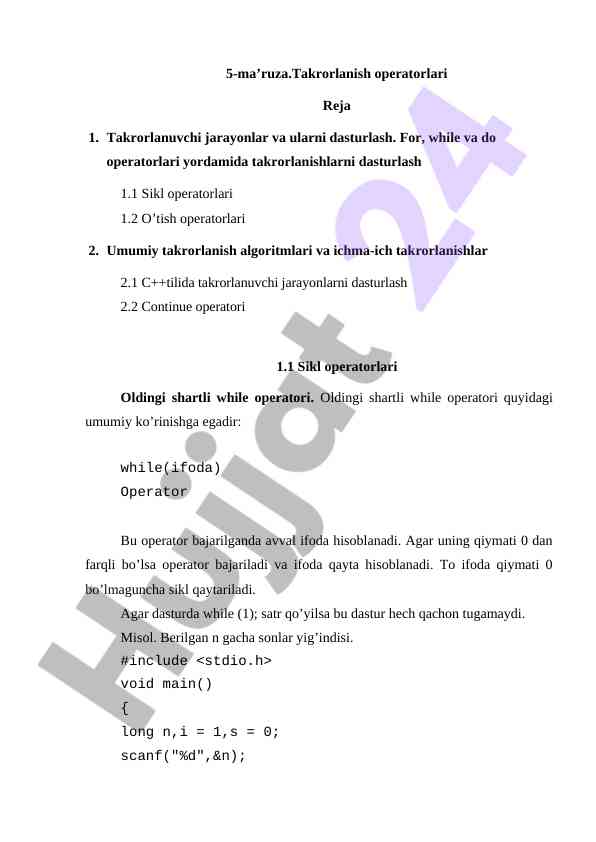 Takrorlanish operatorlari va dasturlash