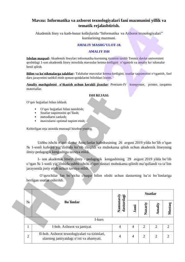 Informatika va axborot texnologiyalari rejalashtirish