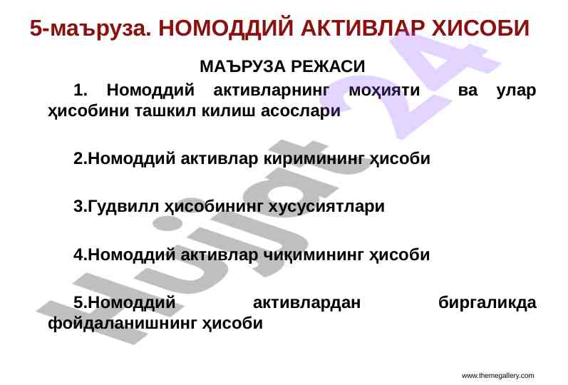 Nomoddiy aktivlar hisobi mavzusi bo'yicha ma'ruza