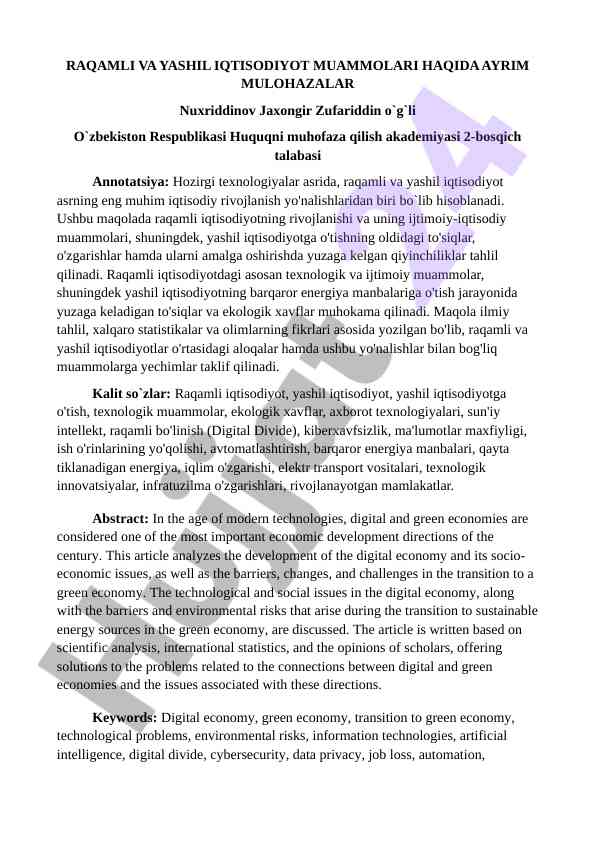 Raqamli va yashil iqtisodiyot muammolari haqida