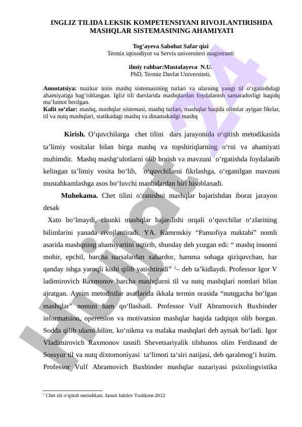 Ingliz tilida leksik kompetensiyani rivojlantirish