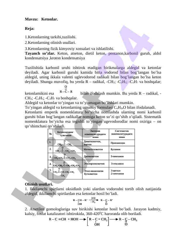 Ketonlarning tarkibi va olinish usullari