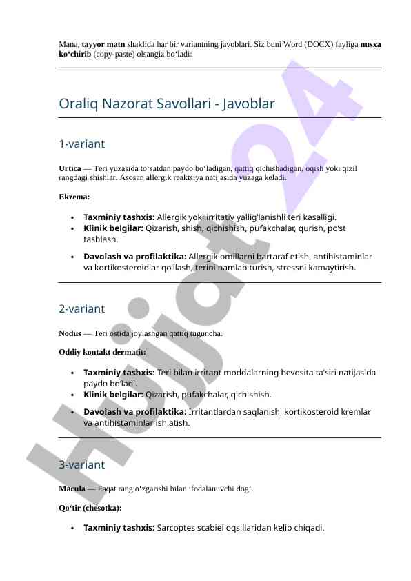 Oraliq nazorat savollari - dermatologik kasalliklar