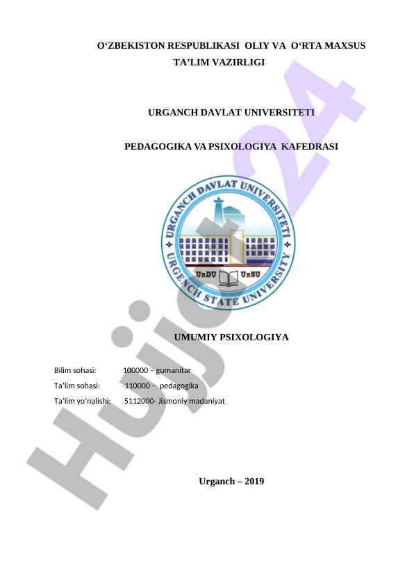 Umumiy psixologiya fanidan o'quv-uslubiy majmua