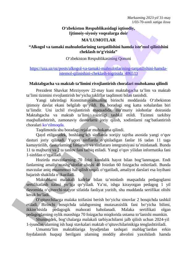 O'zbekiston ta'limi rivojlanishi haqida ma'lumotlar