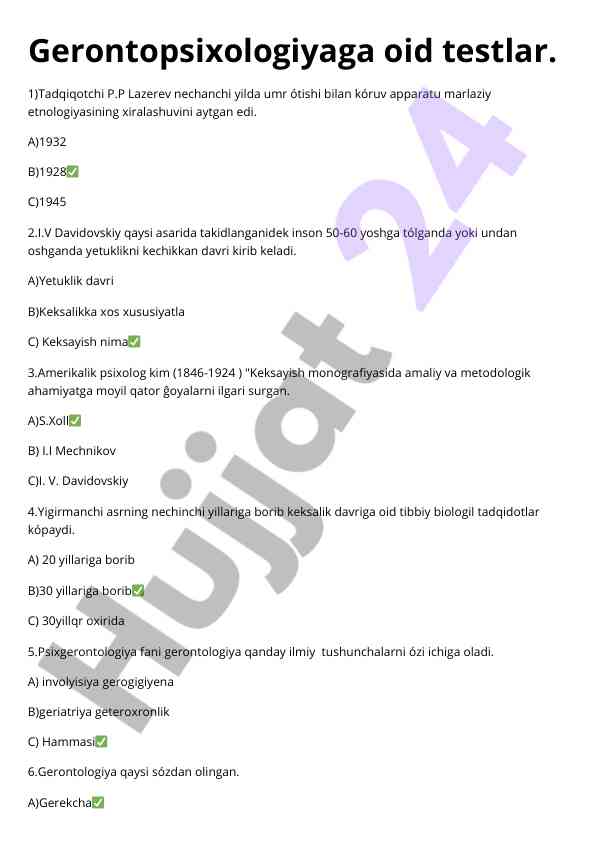 Gerontopsixologiyaga oid testlar va savollar