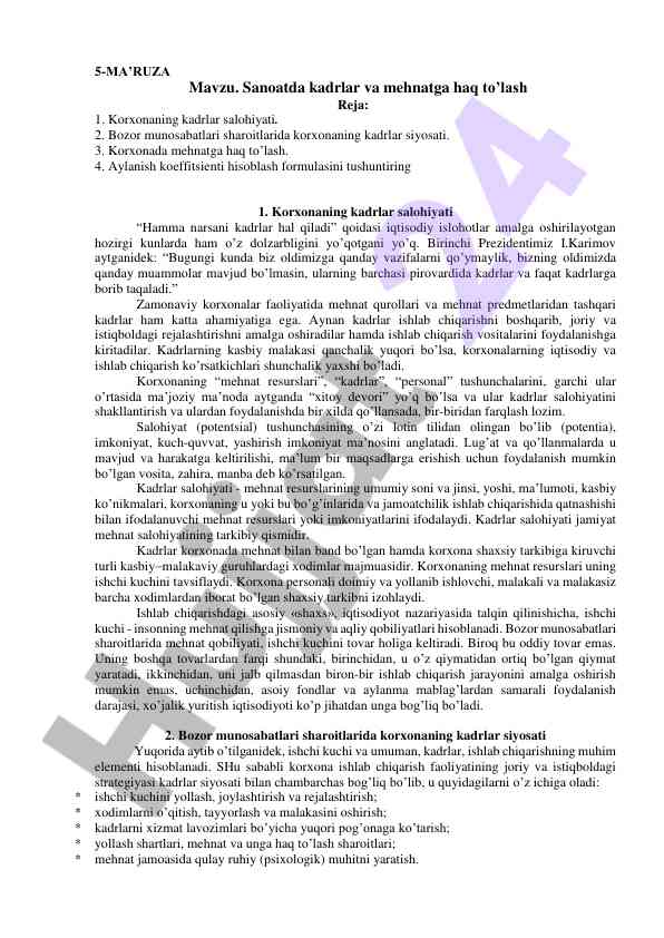 Sanoatda kadrlar va mehnatga haq to‘lash