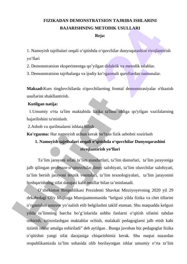 Fizikada demonstratsion tajriba ishlari metodikasini o‘rganish