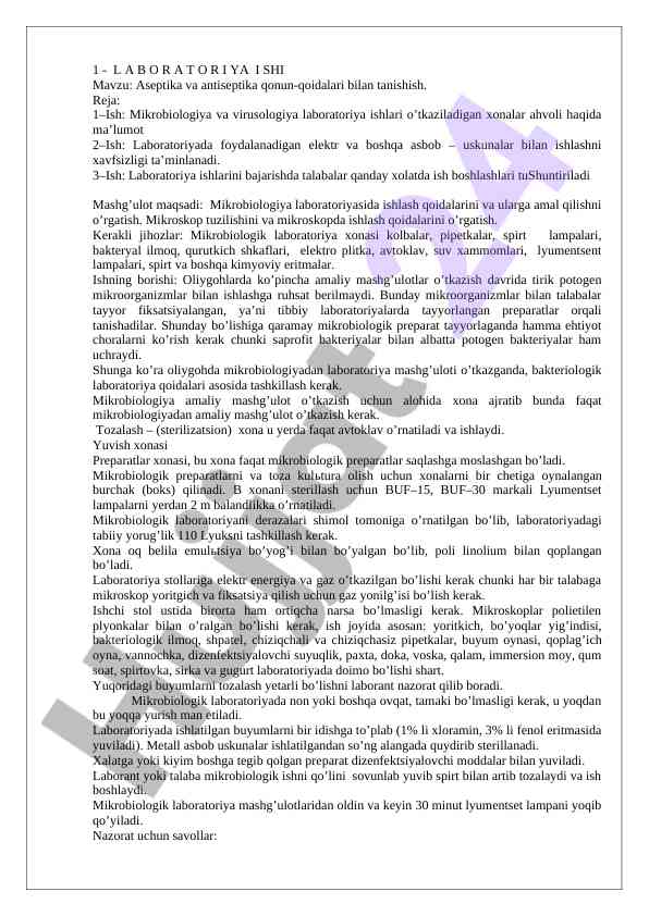 Aseptika va antiseptika laboratoriya ishlari