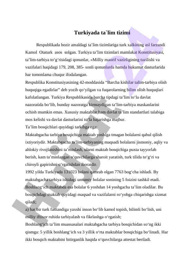 Turkiyada ta`lim tizimi asosiy aspektlari