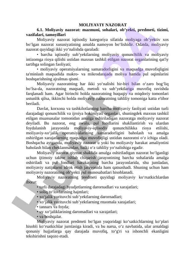 Moliyaviy nazoratning asosiy yo‘nalishlari va vazifalari