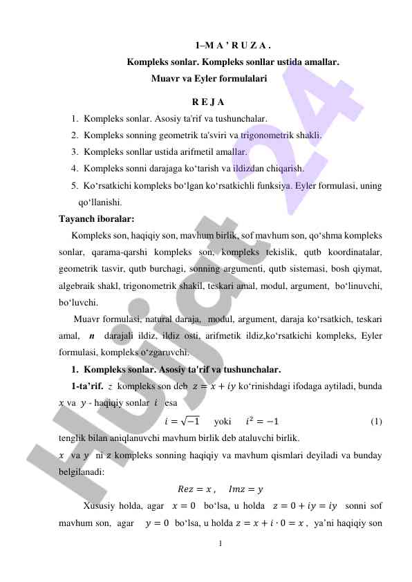 Kompleks sonlar ustida amallar va formulalar