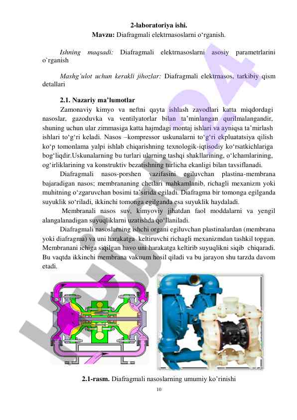 Diafragmali elektrnasoslarni o‘rganish laboratoriya ishlari