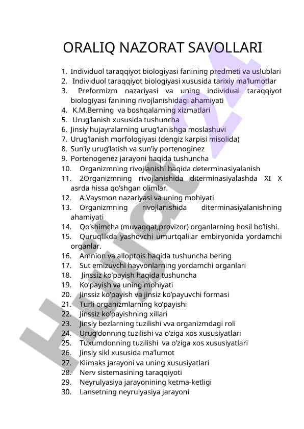 Individuol taraqqiyot biologiyasi fanining o‘rganilishi