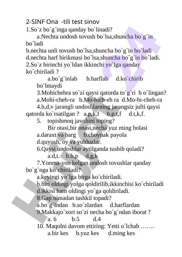 2-sinf ona-tili test sinov savollari