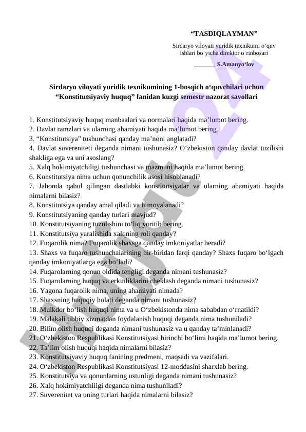 Konstitutsiyaviy huquq fanidan nazorat savollari