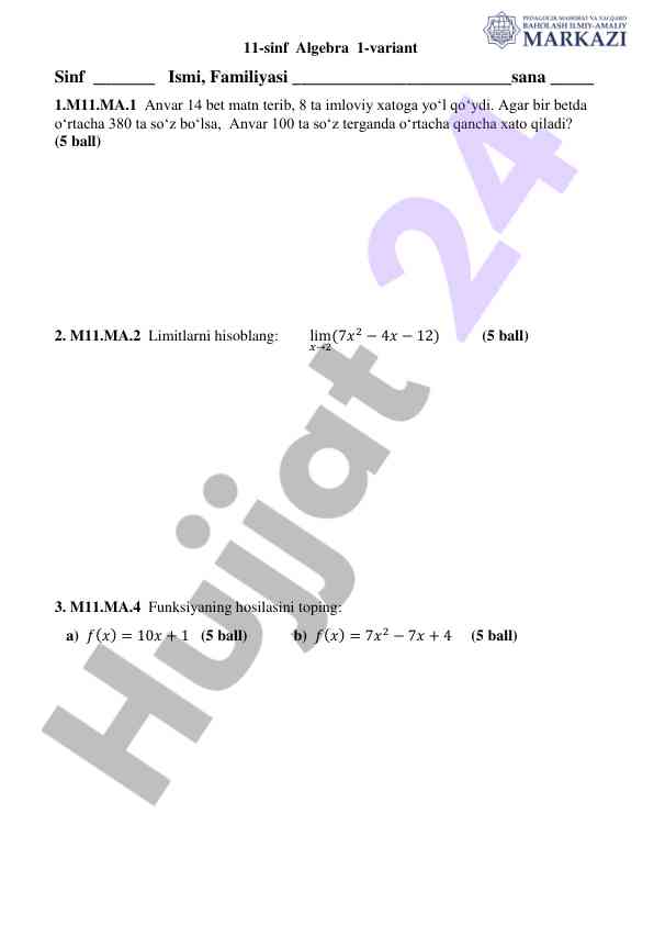 Algebra test 11-sinf 1-variant
