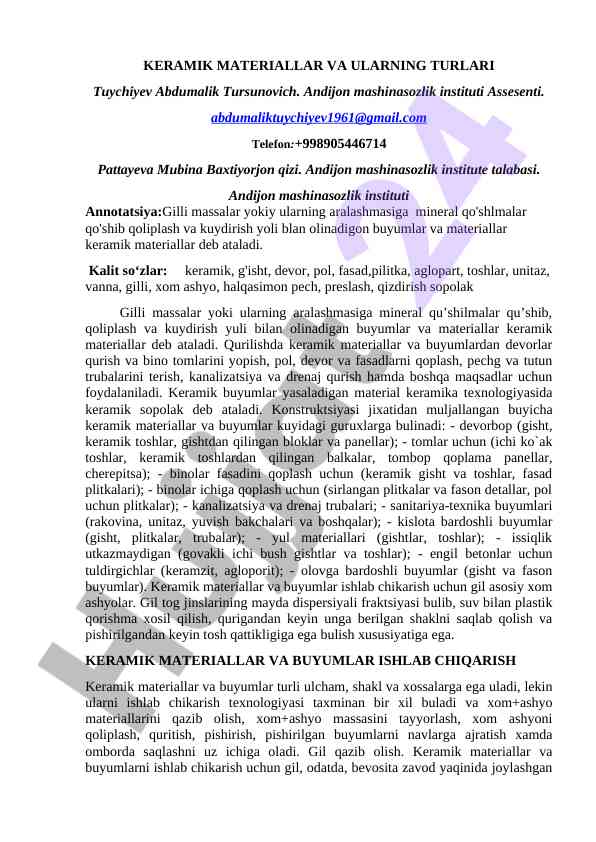 Keramik materiallar va ularning turlari