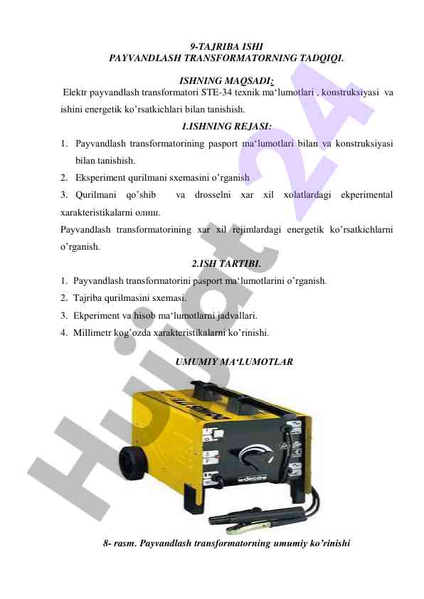 Payvandlash transformatorining tadqiqi va ish ko'rsatkichlari
