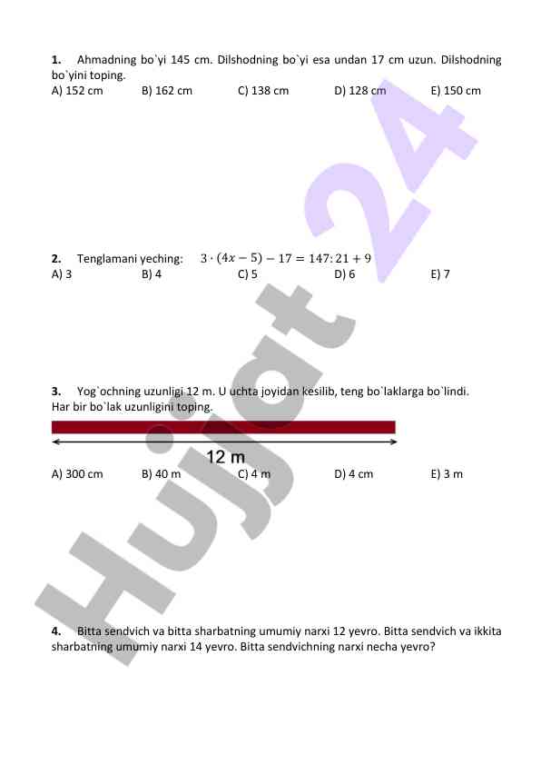 Matematik testlar va masalalar
