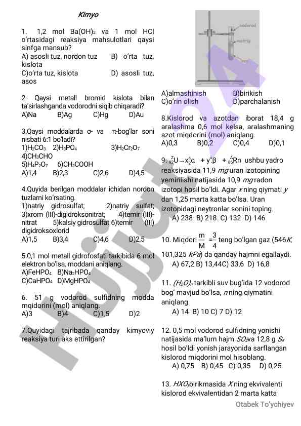 Kimyo fanidan o'qish testlari