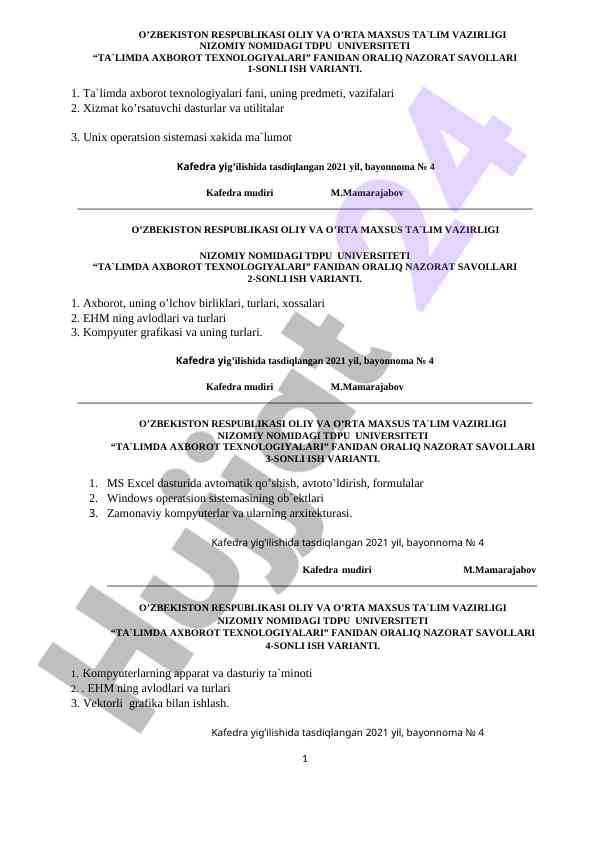 Ta'limda axborot texnologiyalari fanidan nazorat savollari