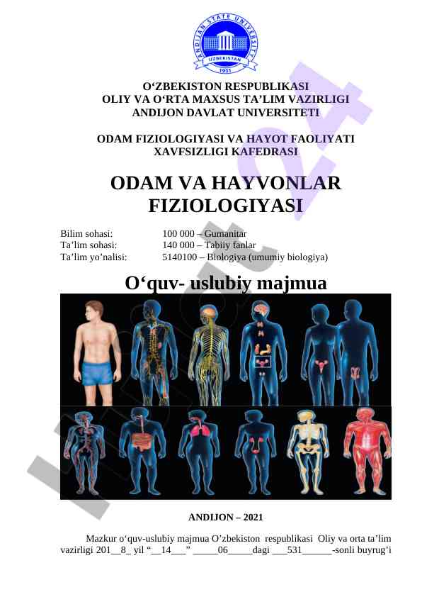 Odam va hayvonlar fiziologiyasi o‘quv qo‘llanma